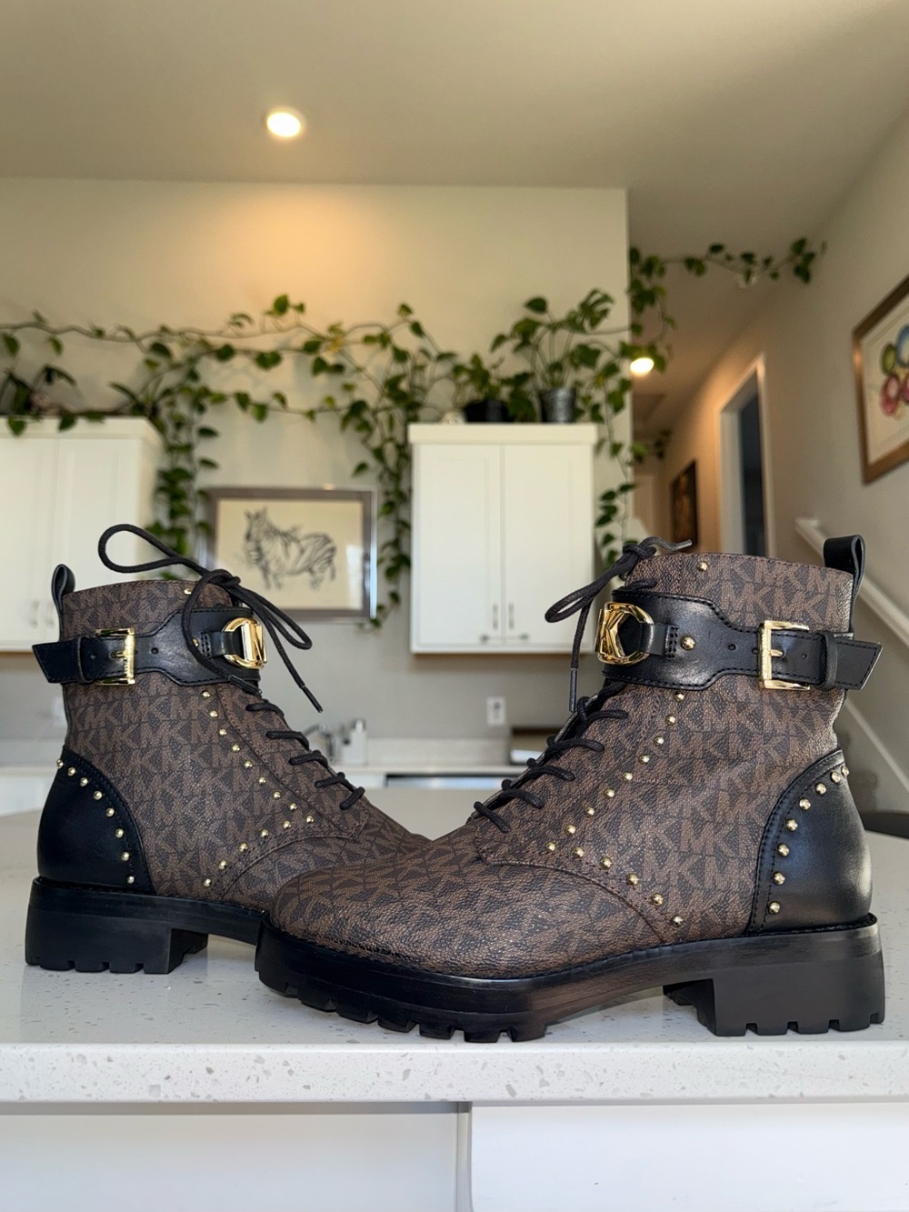 Michael Kors Kincaid Brown MK Logo Lace-Up Combat Boots with Gold Hardware